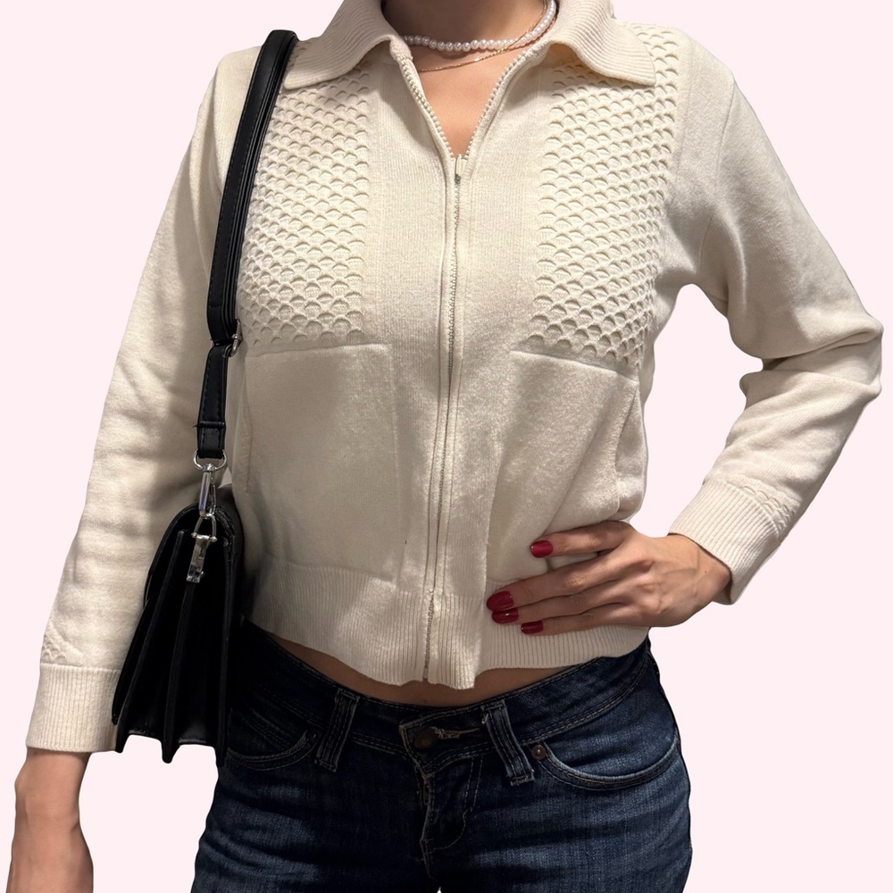 Cream Knit Zip-Up Cardigan